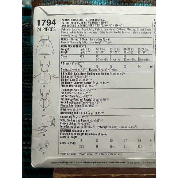 Simplicity 1794 baby dress bib bonnet booties pattern size xxs xss - Picture 4 of 5